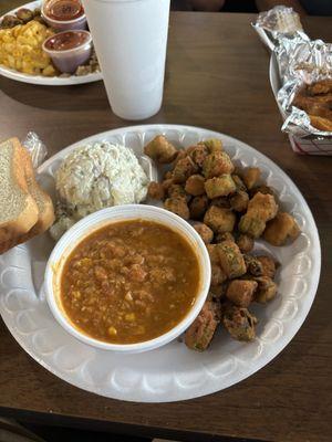 Veggie plate; stew, fried okra, and potato salad