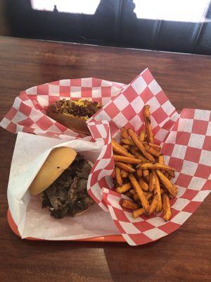 Signature burger, sweet potato fries, and a New England Frank