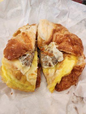 Sausage and egg croissant sandwich