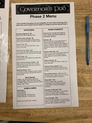 Phase 2 Menu. Updated as of 11/30/20