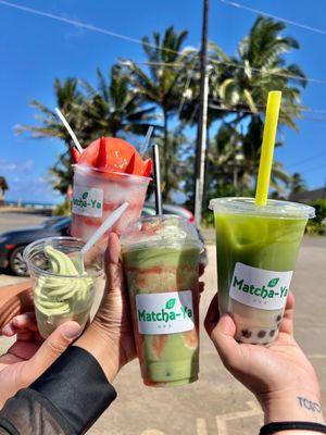 Matcha soft serve, match strawberry blend, strawberry shave ice