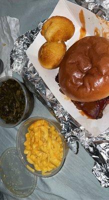 BBQ Beef Brisket Sandwich, Macaroni and Cheese, Collard Greens, cornbread muffin