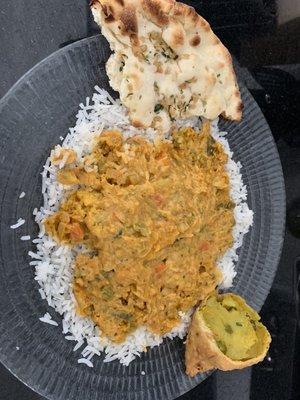 Veggie coconut korma and veggie samosa (note this is 1/3 of the regular serving!)