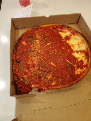 Deep Dish delivery. Where's the cheese? Maybe slid off. Note to delivery driver- keep level.