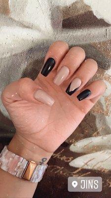 Black and nude acrylic gel nails, lasted 3 weeks