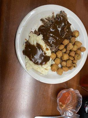 Pot roast mashed potatoes, fried okra