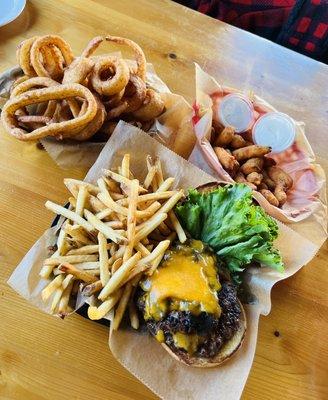 The Huz Burger, Renard 's Cheese Curds, Beer Battered Onion Rings