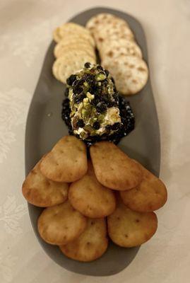 Goat Cheese and Bread/Crackers with Blueberries and Pistachios