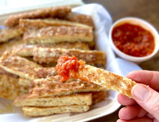 house bread - takeout - breadsticks with garlic Parmesan + marinara for dipping