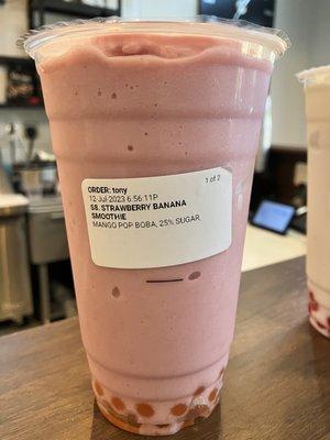 S8. Strawberry Banana Smoothie 25% Sugar with Mango Pop Boba! ~L.