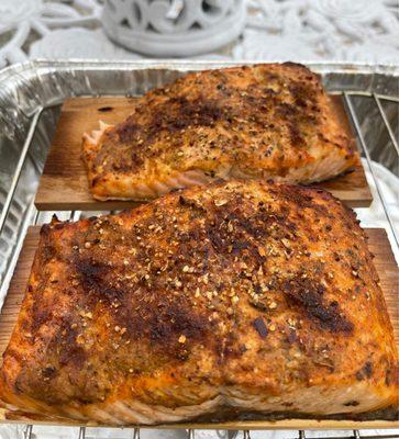 Cedar planked salmon - cooked to perfection on 1st attempt