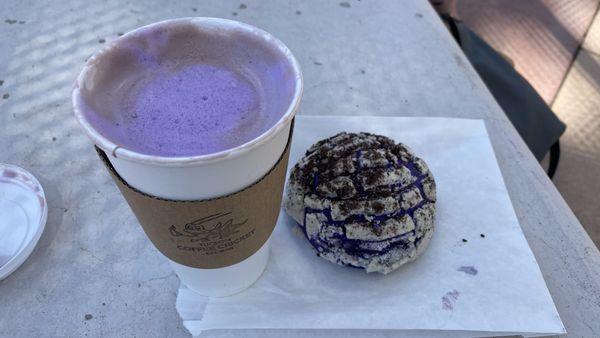 Both the delicious ube latte and the soft flavorful ube concha filled with rich ube cream and sprinkled with Oreo dust.