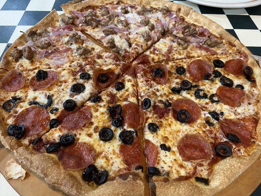 Half pepperoni black olives half sausage pepper and onion and thin crust