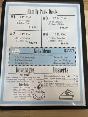 Family Pack, Beverages, and Dessert Menu