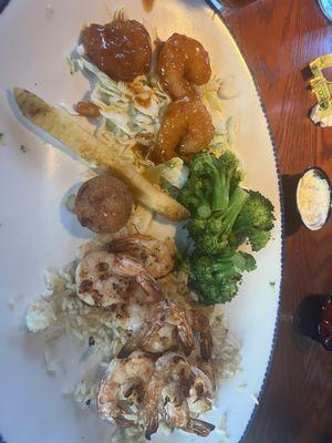 Grilled and dragon shrimp pick 3 and fish and chips 2 pieces of fish with this meal