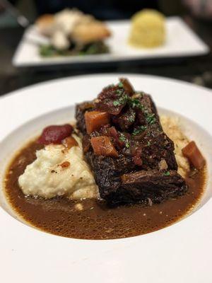 OSSO BUCO "STYLE" BRAISED BEEF SHORT RIBS Braised in Red Wine over Truffle Butter Mashed Potatoes  Rich, tender and just yummy!