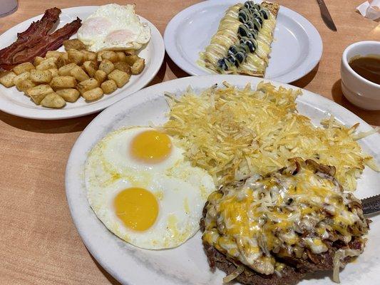 Smothered "Breakfast" Hamburger ($15) and Blueberry-Lemon Crepe Combo ($15)