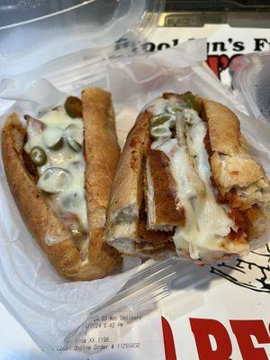 Chicken Cutlet Parmigiana sandwich with hot peppers