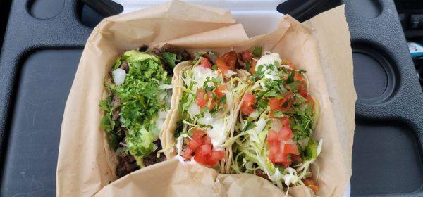 Tacos (left to right) : Carne asada, fish and shrimp