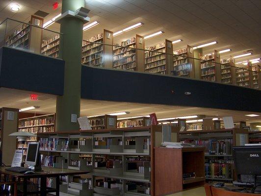 Reference section of the Rahway Public Library, with a view of the Mezzanine.