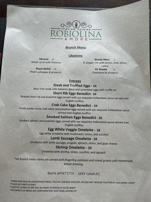 Brunch menu with drink specials