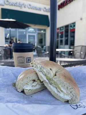 Breakfast Bagel Sandwich: Desi Beverage: Hot Chai Latte w/almond milk @ojbaylen