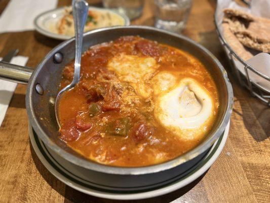 Shakshuka Lunch Special with a side of hummus and whole wheat pita bread.