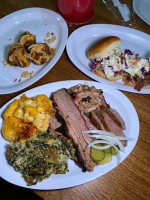 Brisket, Pulled Pork and Sausage plate with Mac and Cheese and Spinach