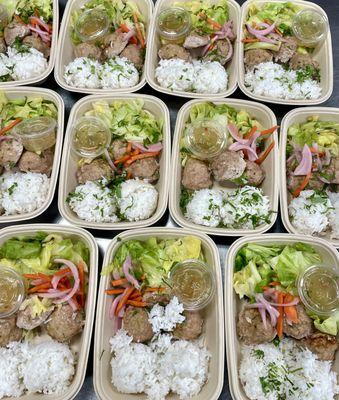 Vietnamese Meatballs with Cabbage, Pickles and Coconut Rice