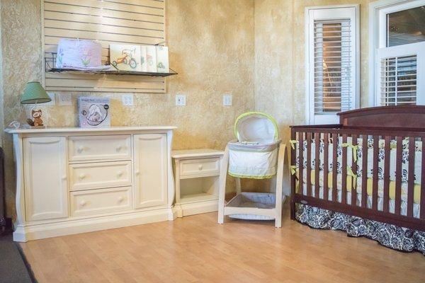 Come and visit the Nursery Nook!  It beautifully displays nursery furniture we have in stock.