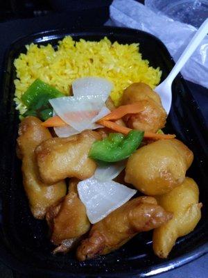 Sweet and sour chicken combo with fried rice and egg roll (not pictured)