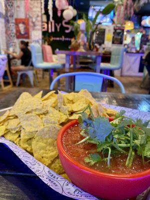 Chips and salsa to start things off right. This salsa is runny, restaurant style with a kick!