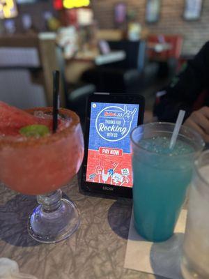 Watermelon margarita and bubbas blue lemonade