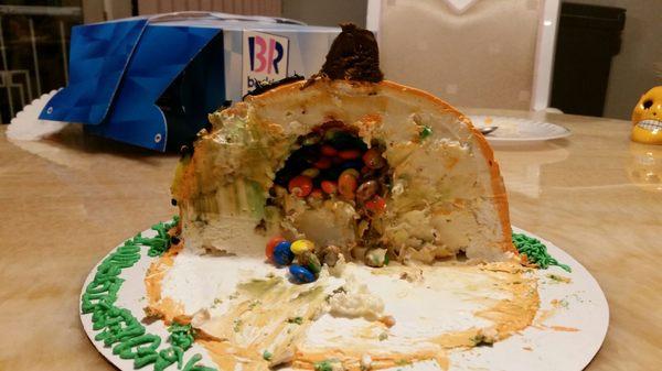 Inside of pumpkin pinata cake