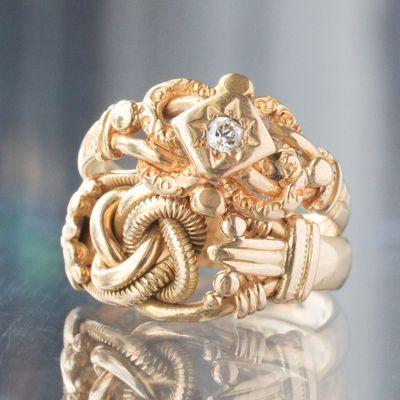 Antique gold knot rings for a pair of unique wedding rings.