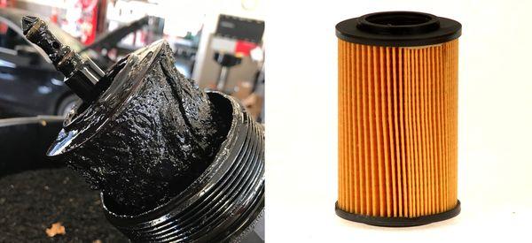 15,000 mile oil filter next to its replacement. Every 3,000 miles, or 5,000 for synthetic!