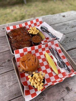 Pulled pork, Mac n Cheese, brisket chili, half rack of ribs