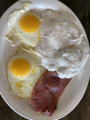 Half Country ham, sunny side up, biscuit & gravy