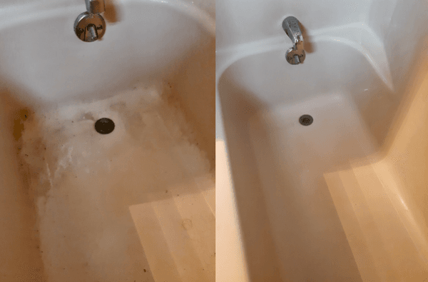 Before/after using our scouring powder, our bathroom cleaner, and elbow grease.