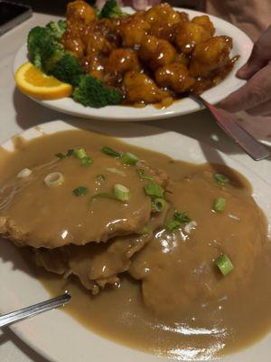 Orange Chicken and Shrimp Egg Foo Young.