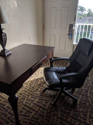 Old dirty desk, chair and carpet.