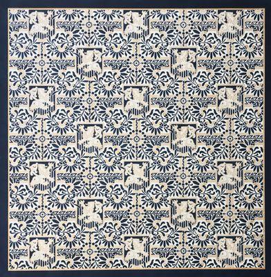 Custom floorcloth measuring 5' 6" x 5' 10" based on a wallpaper pattern c. 1886.