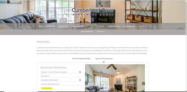 Screenshot of their website stating they have security systems in all apartment units. This is a lie.