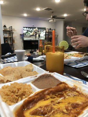 Chicken Enchiladas, Rice, Beans and tortilla chips