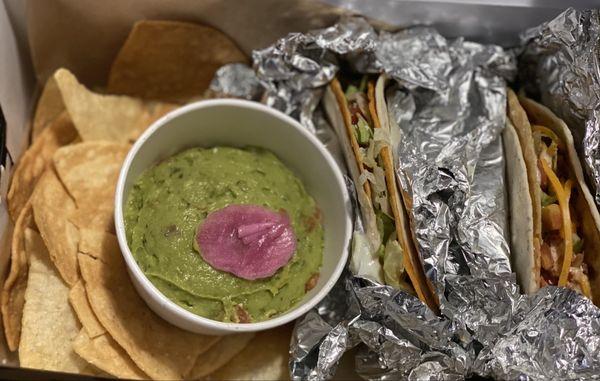 Bud box with Cali Green & Blue Dream ground beef tacos & guacamole with chips