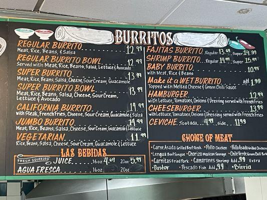 Burritos menu