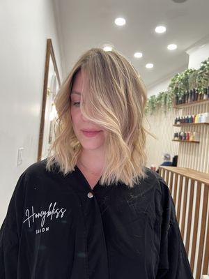 Natural balayage honey tones .