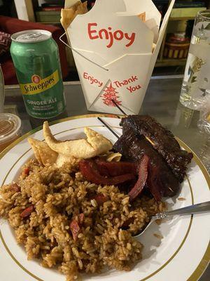 Beef teriyaki, crab rangoon, boneless spare ribs and pork fried rice