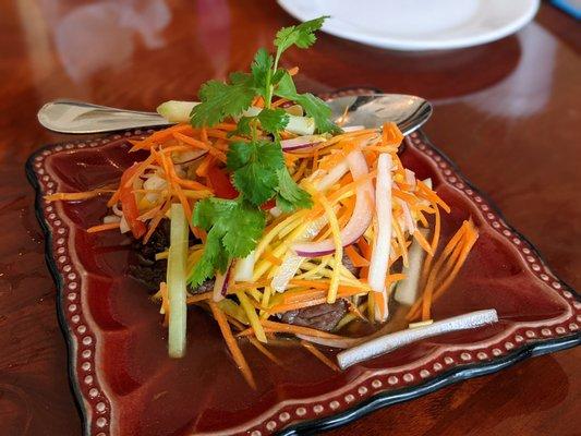 Beef Mango Salad. Fresh mango salad and sliced beef with citrus dressing. $9.95.