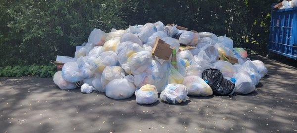 Garbage piled up with a mountain next to it personal protection equipment and other medical waste